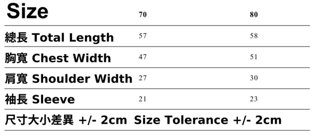 United Athle 5158-02 5.6oz 全棉嬰兒連身衣尺碼表